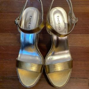 Bebe Gold Strap Wedges